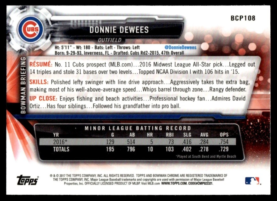 2017 Bowman Chrome Prospects Donnie Dewees Chicago Cubs #BCP108 - Image 2 of 2