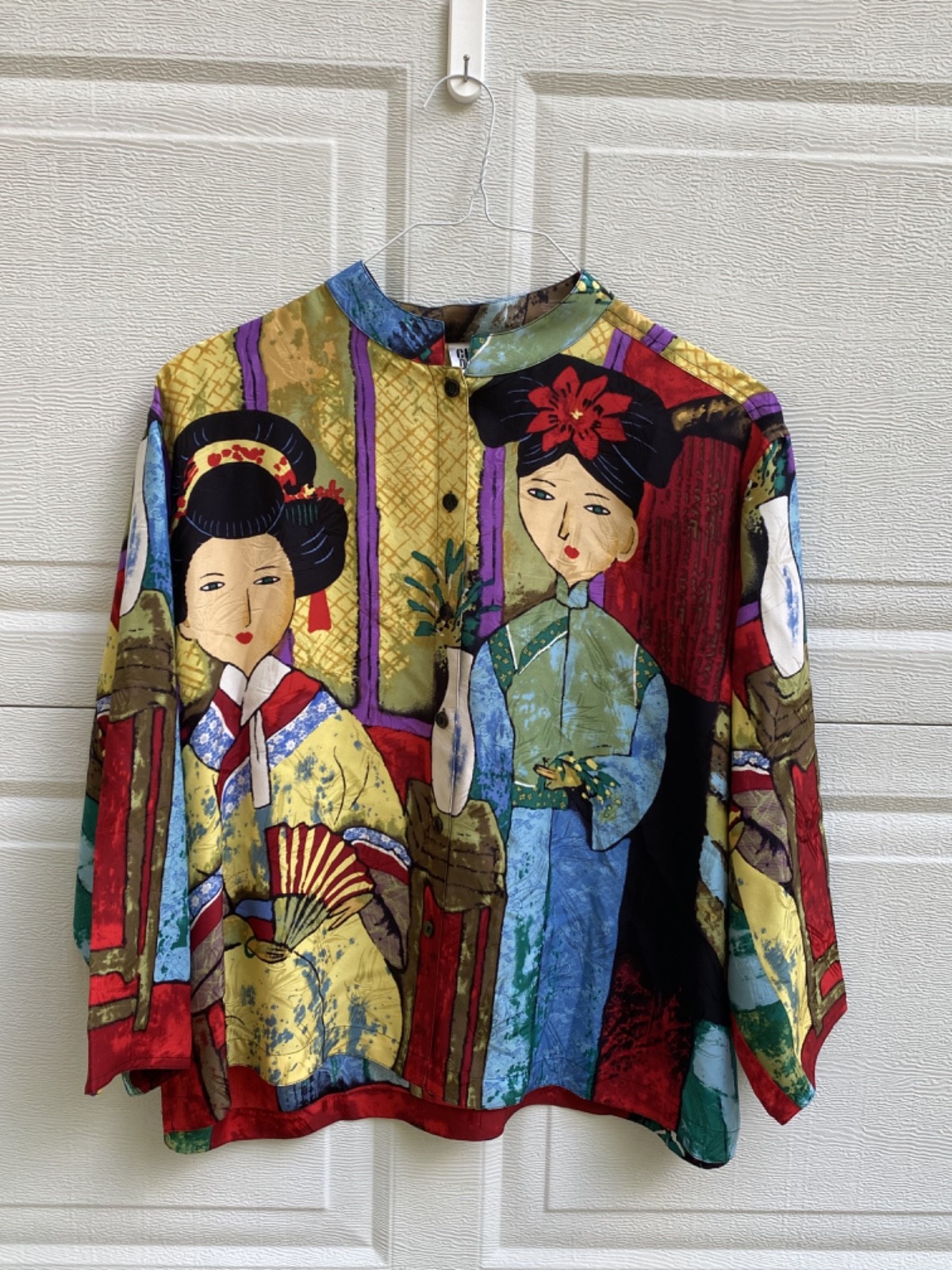 100% Silk Chico’s Design Artsy Shirt Oriental Geisha Button Up Blouse Size 2