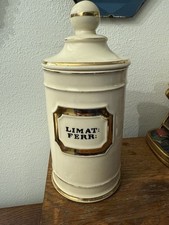 Antique Porcelain Apothecary Jar "LIMAT: FERR:" Cream With Gold Black Text 11?