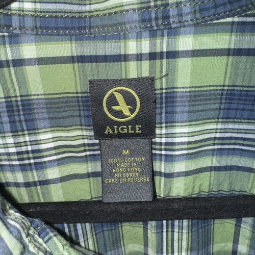 Aigle Shirt Medium Green Flannel Checked Plaid Long Sleeve Out - Picture 2 of 4