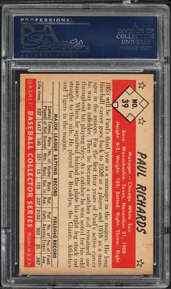 1953 Bowman Color BB Card # 39 Paul Richards Baltimore Orioles HOF PSA 7 NRMT - Image 2 of 2