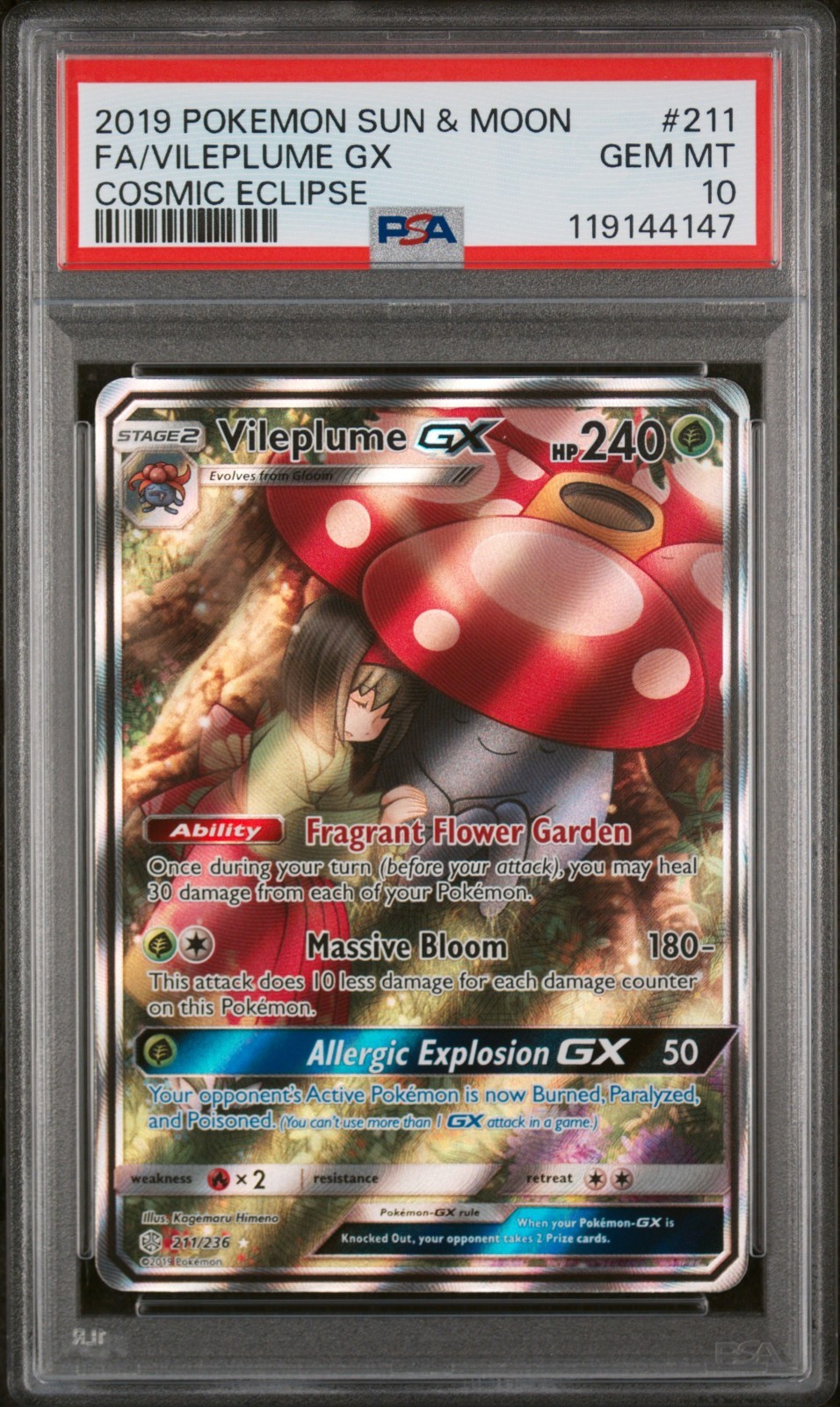 NEW CERT PSA 10 Vileplume GX #211/236 FA Pokemon 2019 Sun & Moon Cosmic Eclipse