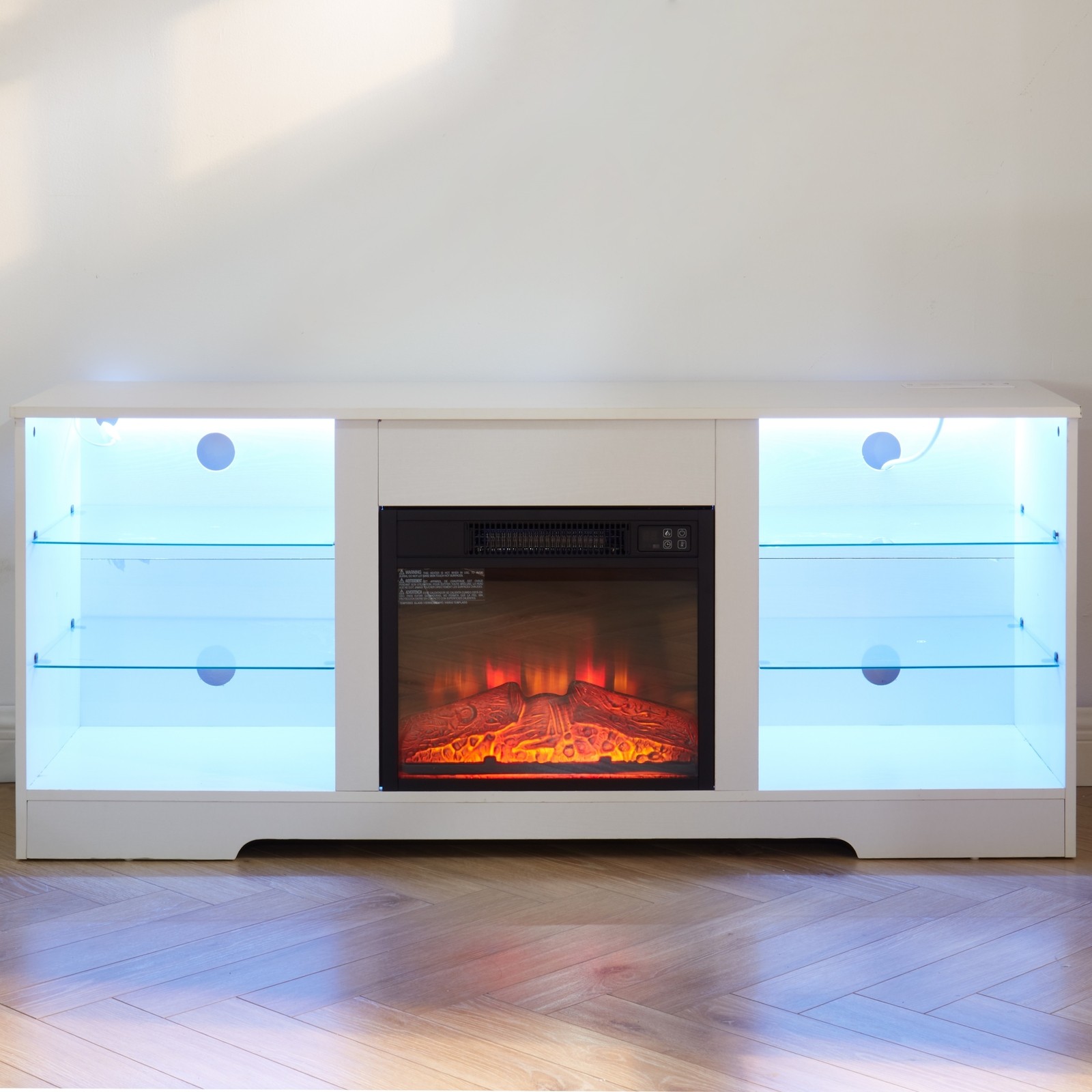 TV Stand Electric Fireplace Glass Shelves 3D Fireplace TV Stand with LED Light4r