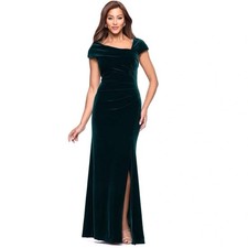 Xscape Women Dress Size 14 Green Velvet Katrina Asymmetrical Cap Sleeve Gown