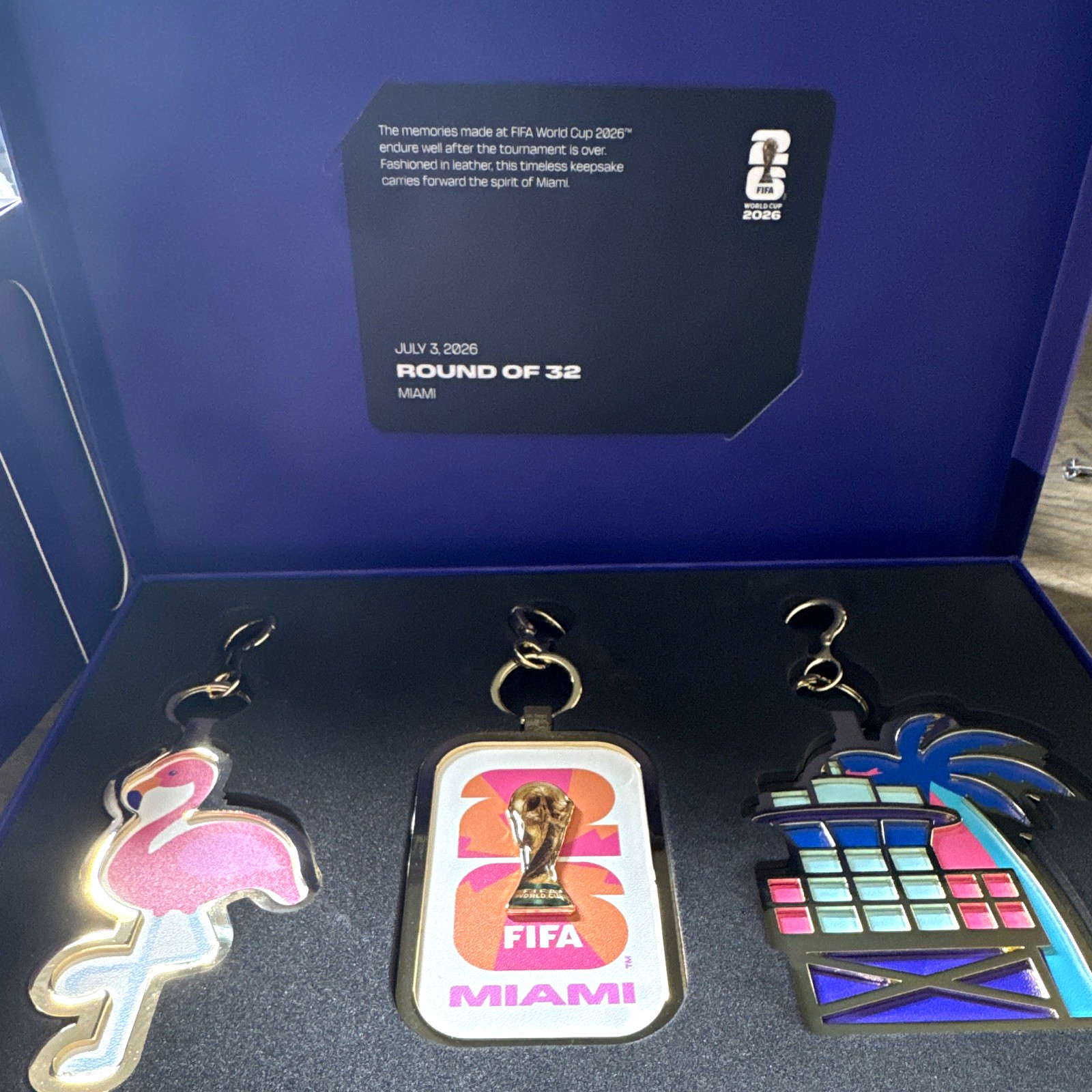 FIFA World Cup 2026 Miami 3-Piece Metal Keychain Set Trophy Flamingo Palm
