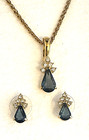 Vintage Blue Crystal Rhinestone Pendant Chain Necklace & Earrings Pierce Post — photo 1