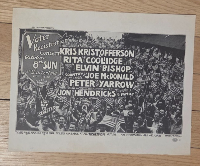 Kris Kristofferson Rita Coolidge Tuten 1972 Voter Registration Benefit Flyer