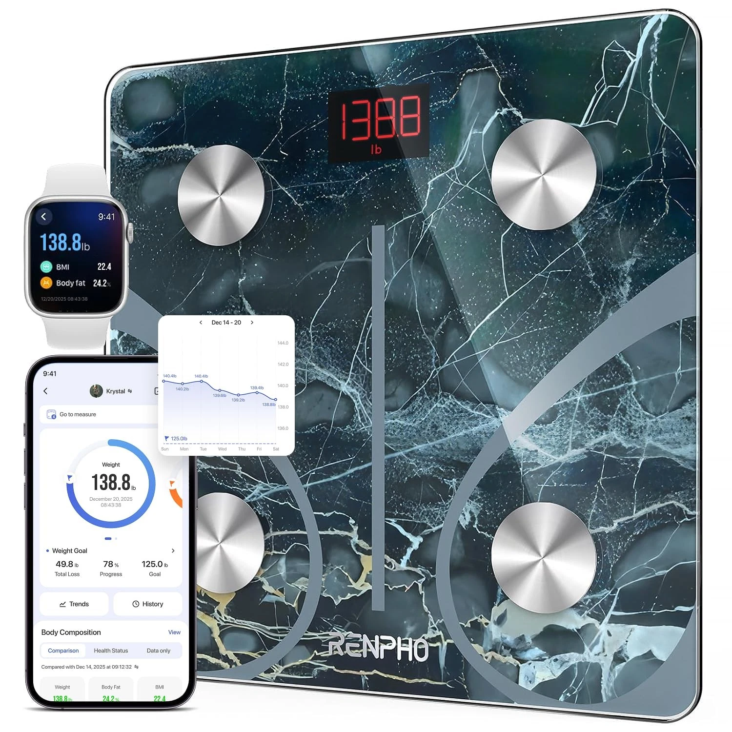 RENPHO Smart Scale for Body Weight, Digital Bathroom 11"/280mm, Marble