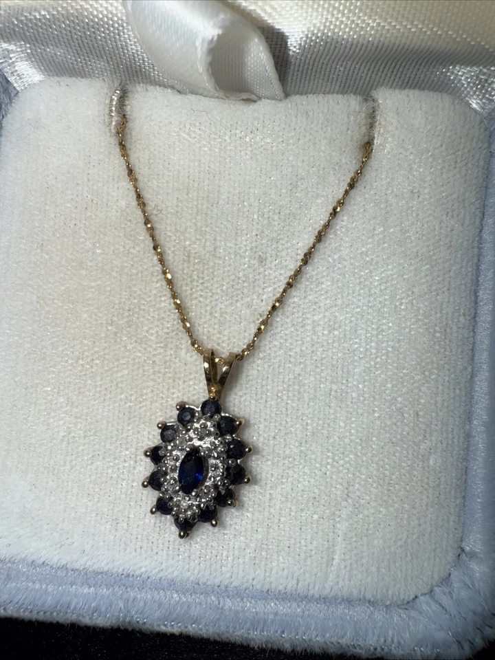 Collar de zafiro genuino con acento de diamantes ha sido zafiro autenticado Foto 3 de 4