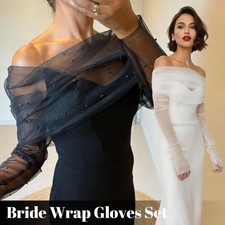 Pearl Tulle Bridal Off Shoulder Cape and Arm Cover Set for Wedding Evening Party