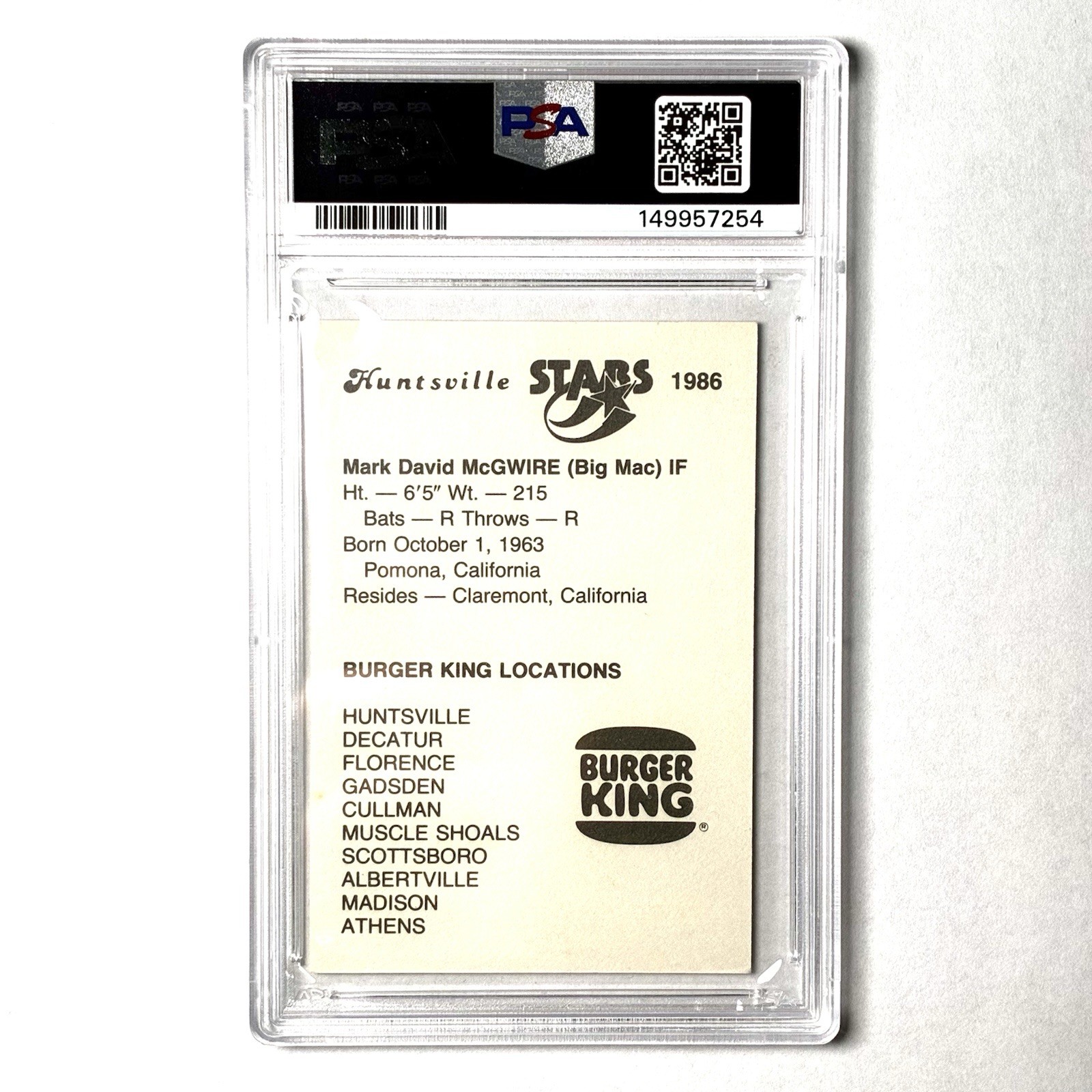 1986 Burger King MARK MCGWIRE HUNTSVILLE STARS PSA Authentic Autograph view 2
