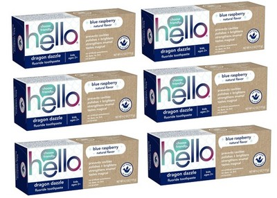 6 Pack Hello Dragon Dazzle Kids Fluoride Toothpaste, Blue Raspberry Flavor