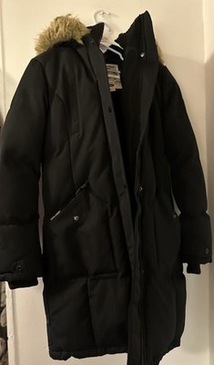 Tokyo Laundry Women s Black Heavy Parka Coat With Faux Fur Hood Trim SZ SM Warm