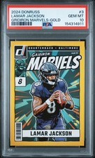 Lamar Jackson 2024 Donruss Gridiron Marvels Gold 08/10 PSA 10 GM Jersey Match