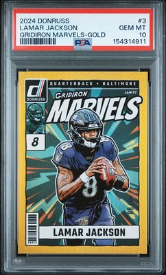 Lamar Jackson 2024 Donruss Gridiron Marvels Gold 08/10 PSA 10 GM Jersey Match