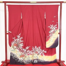 Japanese Kimono 'FURISODE' Silk/Gold/Red/Flower/flow/Luxury/Length:167cm N0599