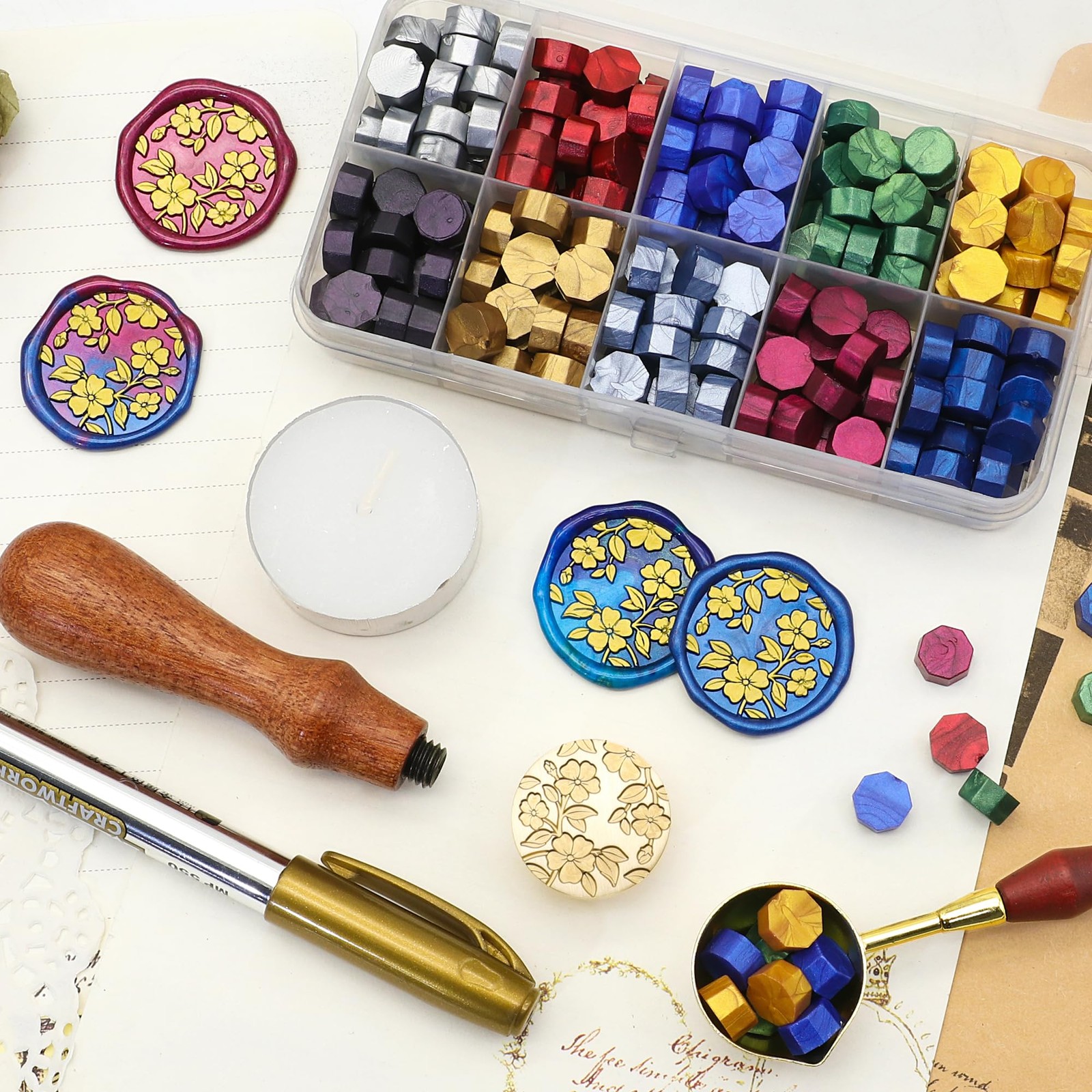 Botanical Begonia Wax Seal Stamp Kit with 200pcs Sealing Wax Beads, Great for...