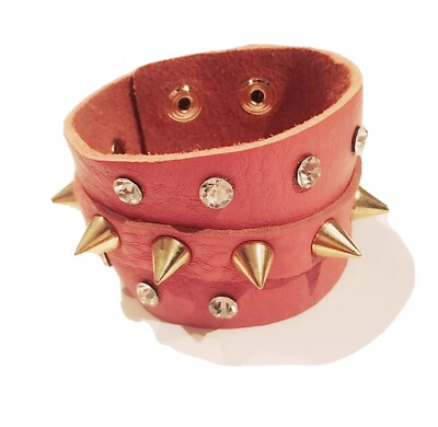 FASHION JEWELRY - Rhinestone Spike Studded Pink Leather Strap Button Bracelet