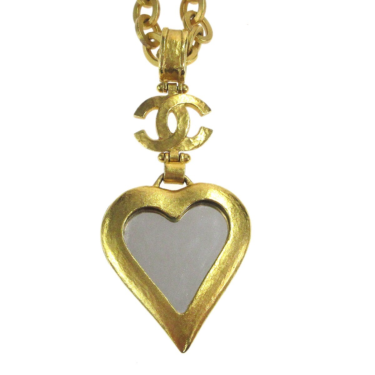 Chanel Cc Logos Heart Motif Mirror Charm Gold Chain Necklace 95p