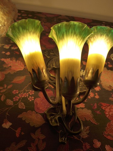 Jugendstil Wandlampe Messing 3 Glasschirme Wandleuchter - Picture 8 of 9