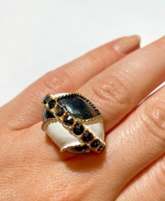 Vintage Exquisite Goldfarben Schwarz Weiß Emaille Strass Verstellbarer Ring DA1