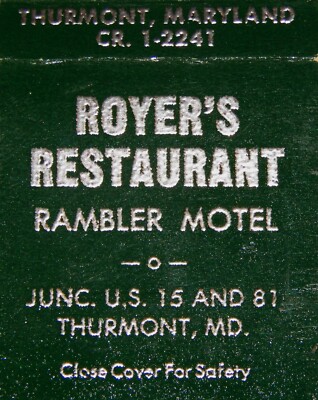 Vintage Matchbook, THURMONT, MD, Royer's Restaurant & Rambler Motel, Crest