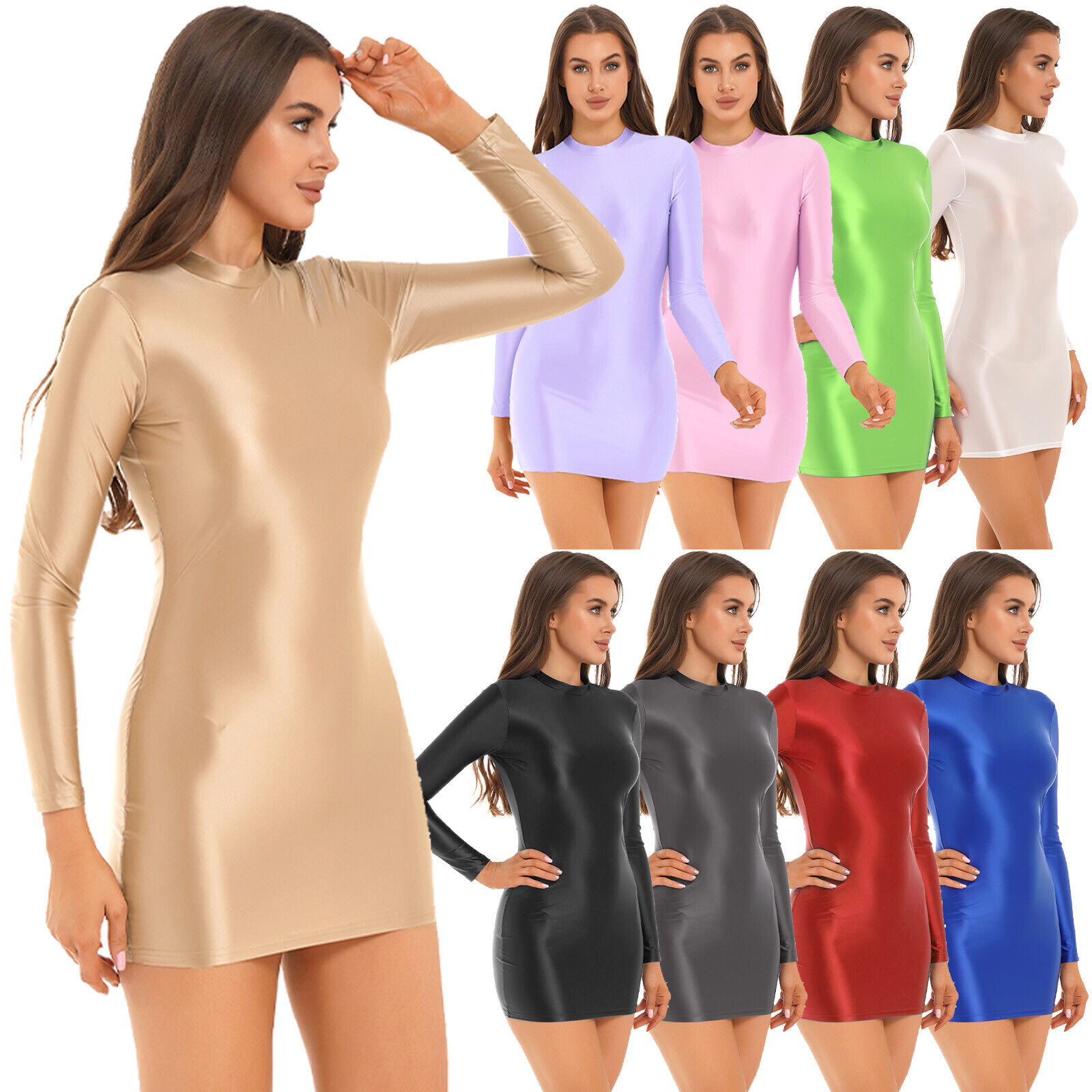 Women's Silky Glossy Bodycon Dress Long Sleeves Oil Shiny Mini Dress  Nightdress