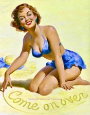 Beach Beauty Invitation Come On Over 8.5x11" Photo Print, Sexy Pinup Art Frahm