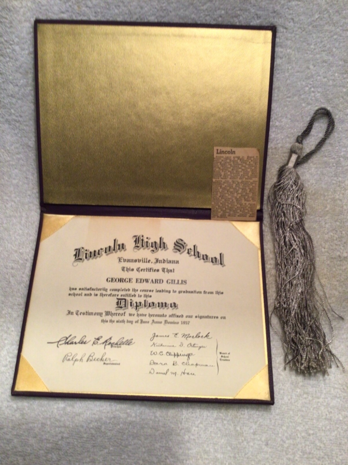1957 Diploma Lincoln High School Evansville IN George Gillis W/Graduation  Tassle | eBay