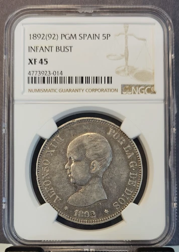 1892 PGM SPAIN SILVER 5 PESETAS 5P INFANT BUST NGC XF 45 HIGH GRADE LOW MINTAGE