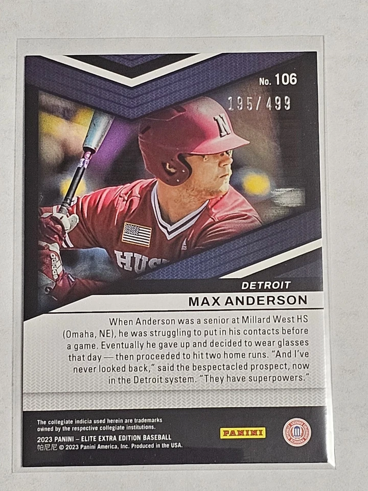2023 Panini Elite Extra Edition Status Green /499 Max Anderson #106 Tigers - Image 2 of 2