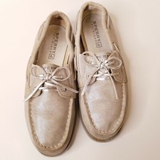 SPERRY TOP SIDER Leather Boat Shoe 5M Silver Metallic RAINBOW SPARKLE Lace Up