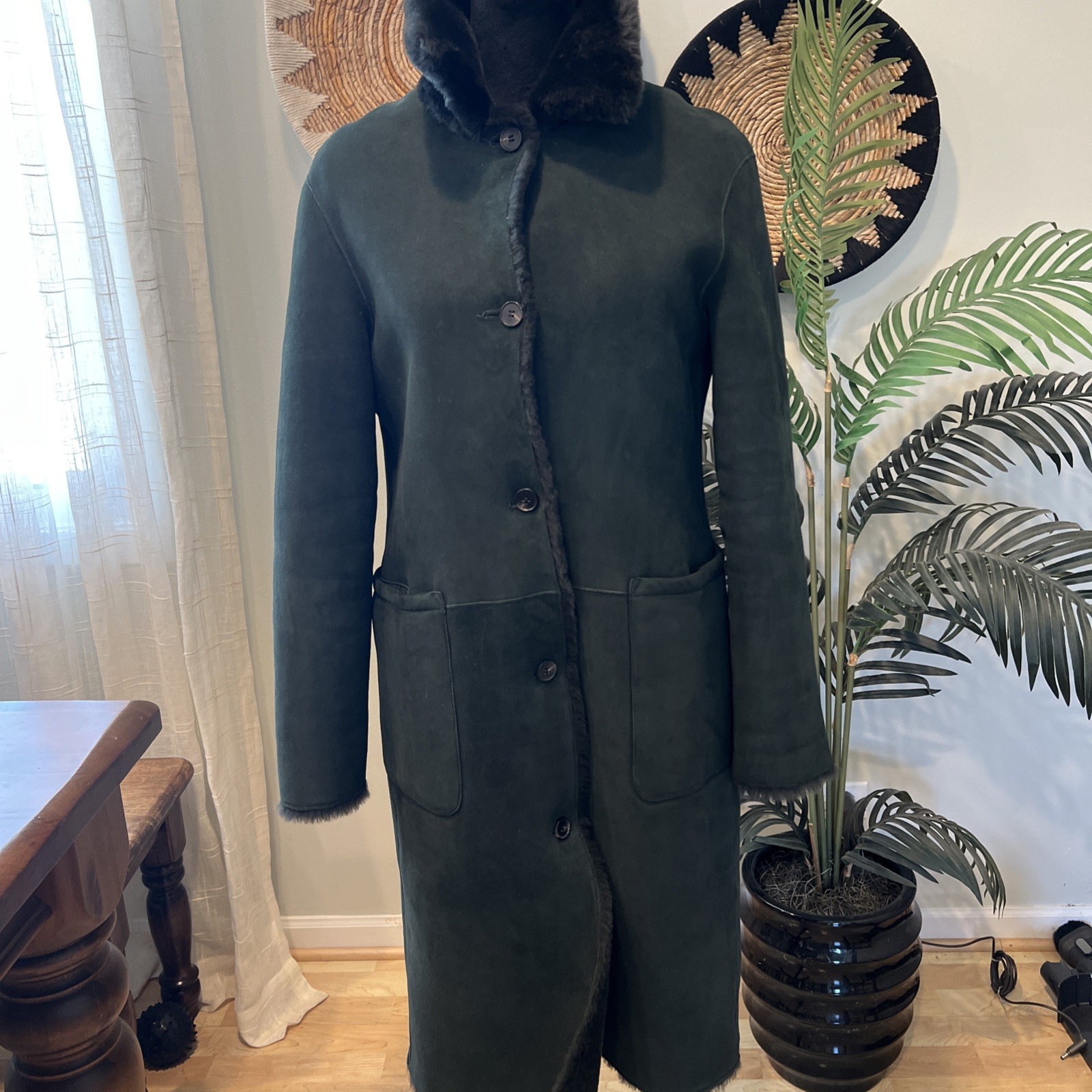 All Saints Serra Reversible Shearling Coat Sycamore Green Medium NWT image 6