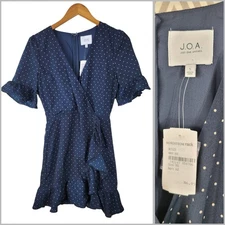 New JOA Dress Size Small Polkadot Navy Blue Skort Mini Faux Wrap Ruffle Trim