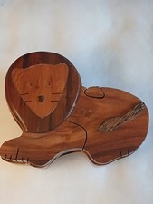 Vintage Wooden Carved Lion Puzzle Secret Compartment Jewelry Trinket Box