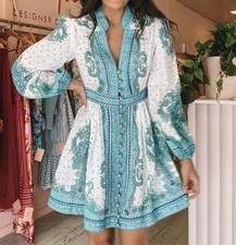 Zimmermann Bells Paisley Dress Size 1 / AU 10 / US 6 Blue Mini Linen V Neck