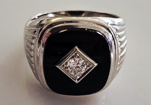 Anillo ERAGEM Original Caja y Papeles Oro Blanco 14K ONYX y Diamantes Para Hombre Talla 10.5