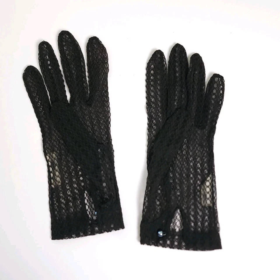 Guantes Hansen vintage negros de encaje/crochet para mujer talla 7 1/2 cierre de botones Foto 3 de 4