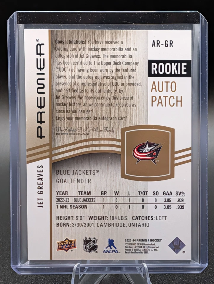 2023 Upper Deck Premier Jet Greaves #AR-GR /65 Rookie Auto Patch GOLD Columbus - Image 2 of 2