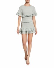 LoveShackFancy Aveline Ruffled Dress Printed Smocked Bell Sleeve Green New XS