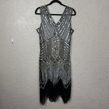 Metme Roaring 1920s Flapper Dress Womens Small Black Gold Sequin Fringe Gatsby