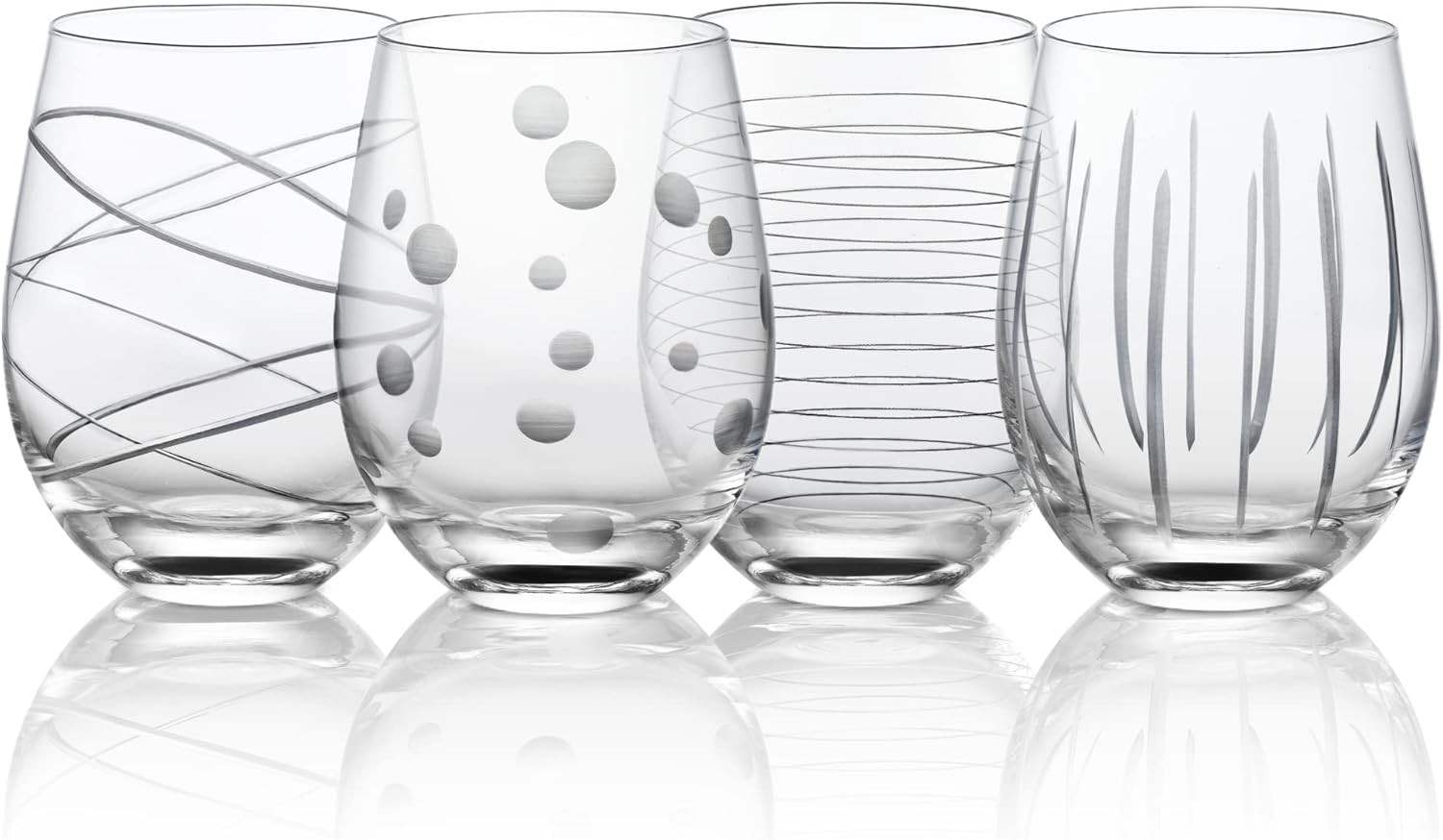 Hand Blown Etched Stemless Polka Dot Stripe Wine Glass  