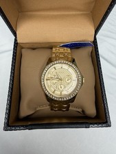 GUESS Women's Gold-Tone Multifunction Crystal Bezel Analog Metal Bracelet Watch