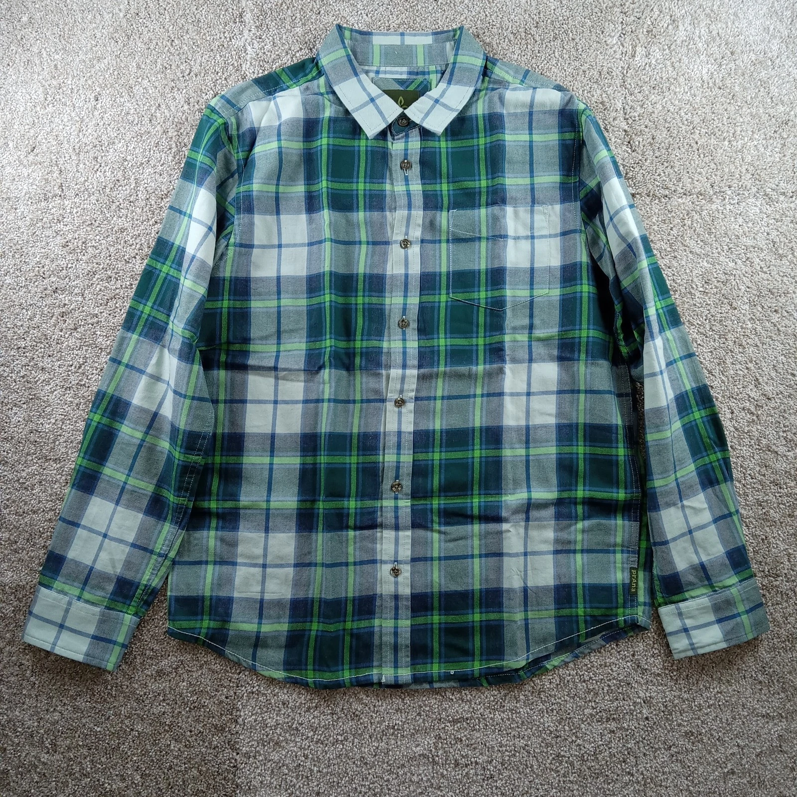 prAna Shirt Mens Medium Green Blue Plaid Button Down Long Sleeve Casual Outdoor