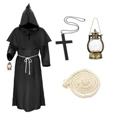 Adult Friar Medieval Hooded Monk Renaissance Priest Robe Costume Cosplay Black