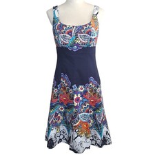 Nine West Dress Size 8 Navy Multicolor Handkerchief Hem Fit Flare Cotton Dress