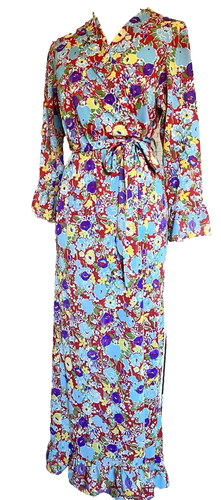 Vintage Nylon Smooth Robe Bright Floral Dressing Gown 60s 70s Semi Sheer 8 10 12 - Picture 3 of 14