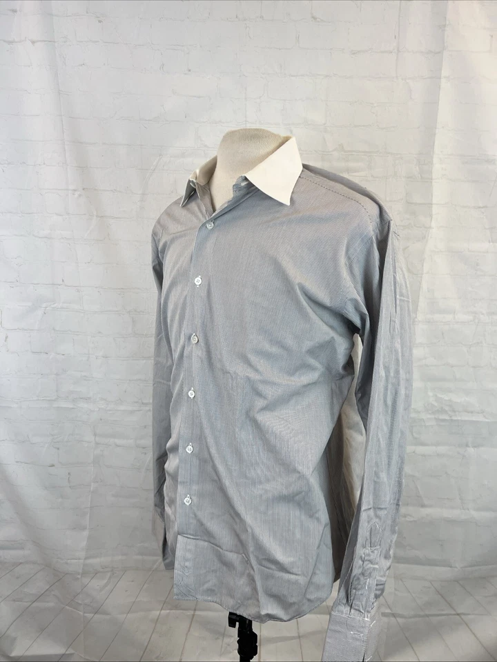Camisa de vestir de algodón a cuadros gris y blanco de Paul Stuart de cuello blanco para hombre 16-35 $148 Foto 3 de 4