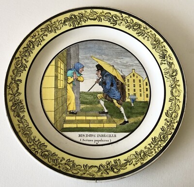 Antique French Creil c1840 P & H Choisy Canary Yellow Polychrome Scene 6 Plate
