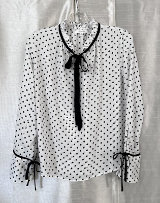 Active USA Blue Polka Dots Tie Neck Long Sleeve White Blouse Women's Size M